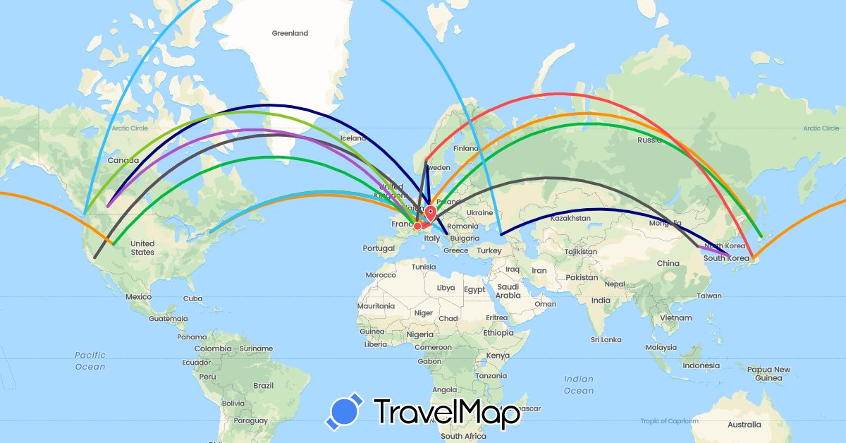 TravelMap itinerary: driving, bus, train, hiking, boat, hitchhiking, motorbike, electric vehicle in Austria, Bosnia and Herzegovina, Canada, Switzerland, China, Germany, France, Italy, Japan, South Korea, Norway, Russia, United States (Asia, Europe, North America)